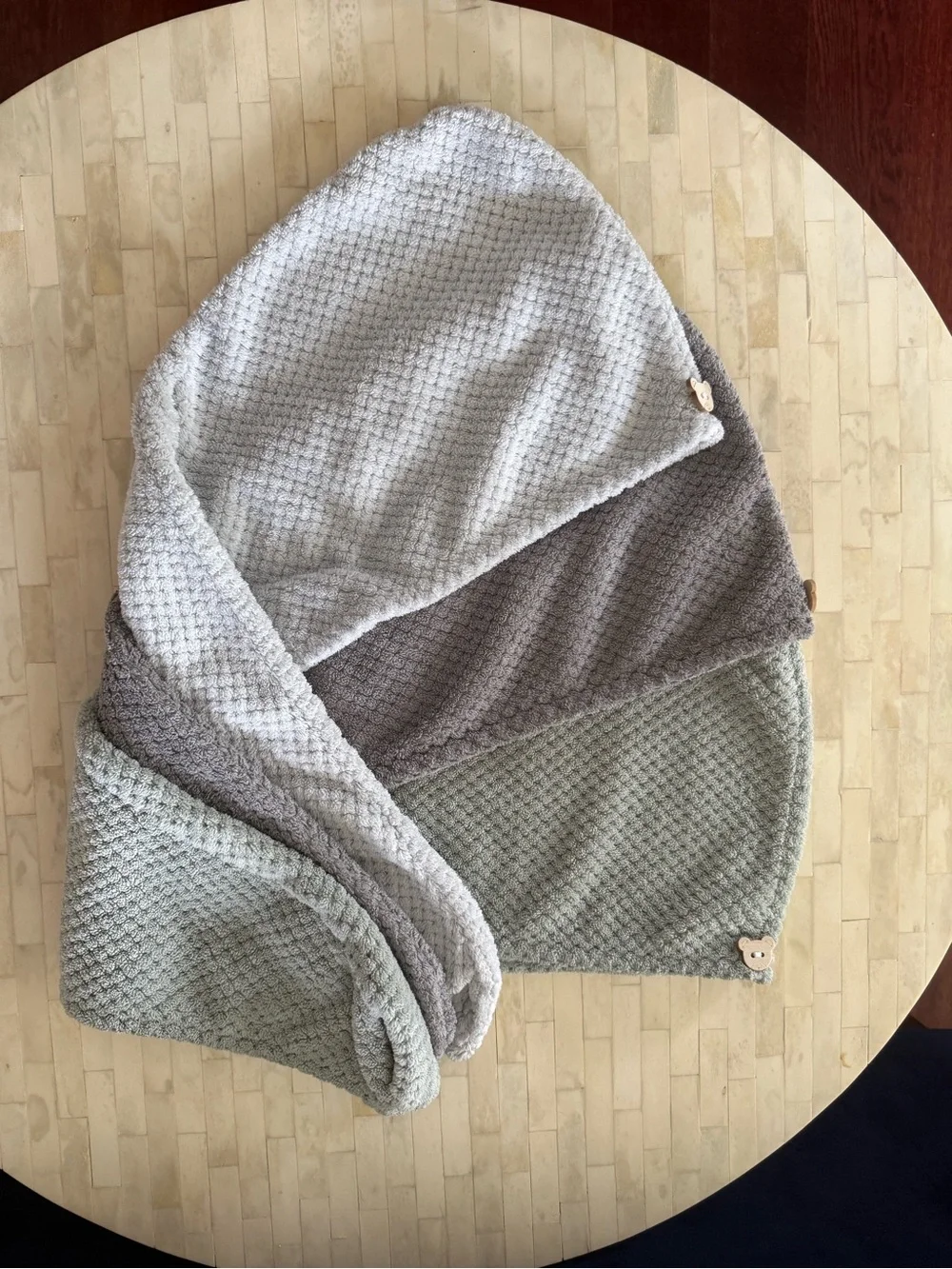Women Hooded hair dry Towel Wrap in Mint Green, white and grey